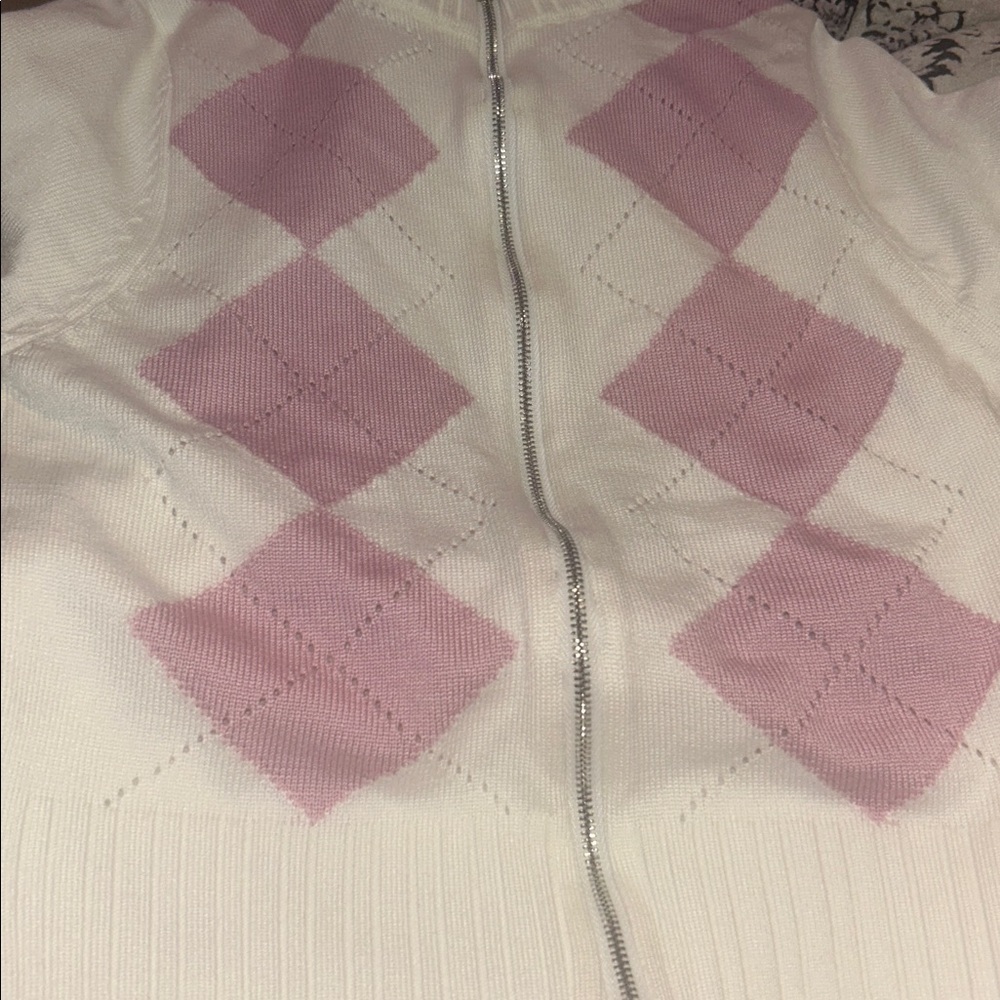 White and Pastel Pink Argyle Zip-Up Sweater Long sleeve soft girl coquette - Picture 9 of 11